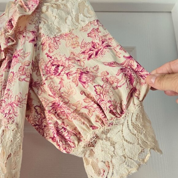 Free People Lucie Mini Dress Tie Open Back Lace Detail Puff Sleeves Size 0 - Picture 7 of 11